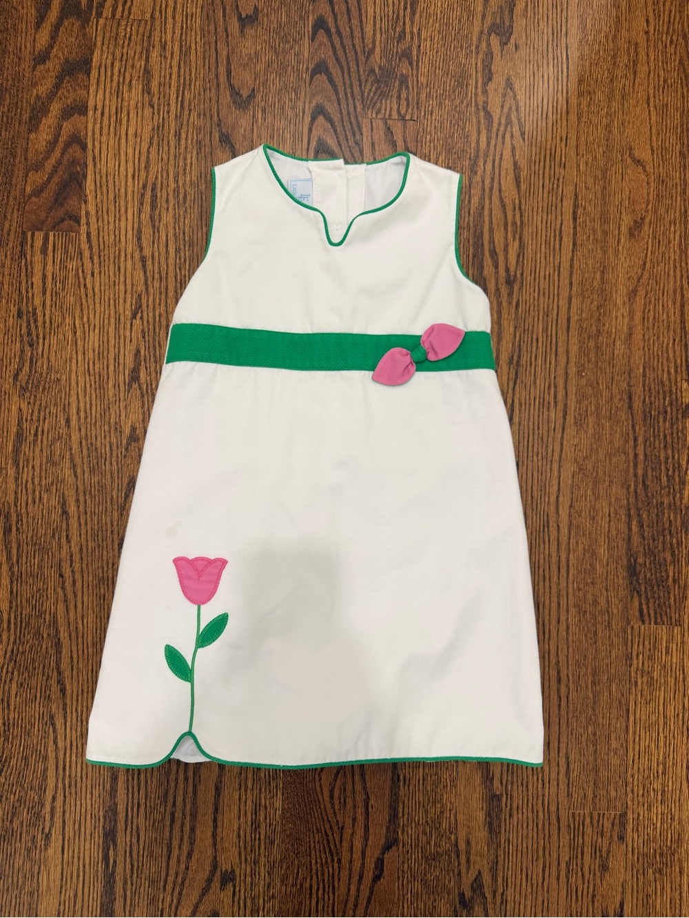 Little English White Sleeveless Dress with Green Trim and Pink Tulip Accents